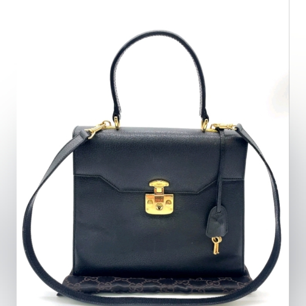 SALE! Auth Gucci Ladylock Leather Black Gold Hardware 2 Way Handbag W/DB/Keys